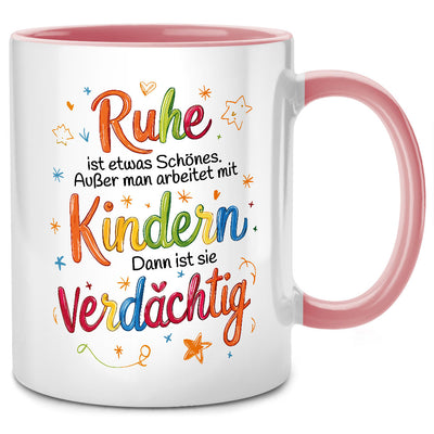 Ruhe ist etwas Schönes - bunte Tasse mit Spruch als Abschiedsgeschenk für Erzieherin oder Dankeschön-Geschenk für ErzieherinRuhe ist etwas Schönes - bunte Tasse mit Spruch als Abschiedsgeschenk für Erzieherin oder Dankeschön-Geschenk für Erzieherin, Pinke Tasse