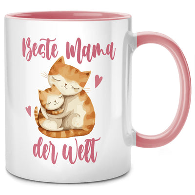 Beste Mama der Welt - süße Tasse mit Spruch und Katzen als Geschenk für Mama oder Katzentasse, Pinke Tasse