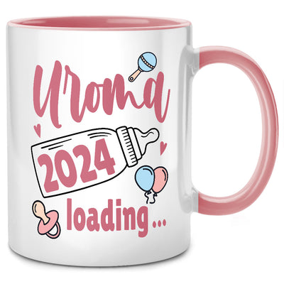 Uroma 2024 loading - süße Tasse mit Spruch: du wirst Uroma, Geschenk zum Schwangerschaft verkünden, Pinke Tasse