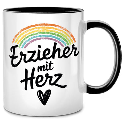 Erzieher mit Herz - Tasse mit Spruch als Abschiedsgeschenk für Erzieher, Schwarze Tasse