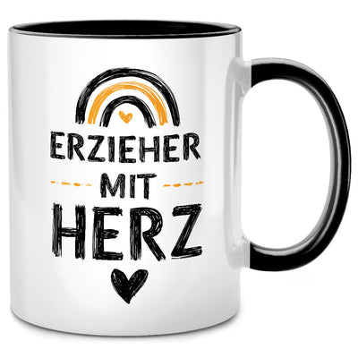 Erzieher mit Herz - süße Tasse mit Spruch als Abschiedsgeschenk für Erzieher, Schwarze Tasse