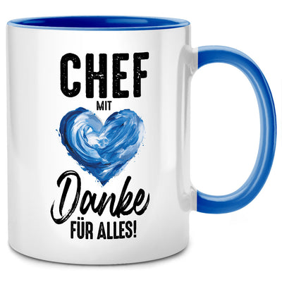 Chef mit Herz, Danke für Alles - lustige Tasse mit Spruch als Geschenk für Chef, Blaue Tasse