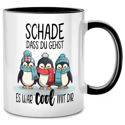 Schade, dass du gehst. Es war cool mit dir. 3 Pinguine - lustige Tasse mit Spruch als Abschiedsgeschenk für Kollegin oder Ruhestand Geschenk, Schwarze Tasse