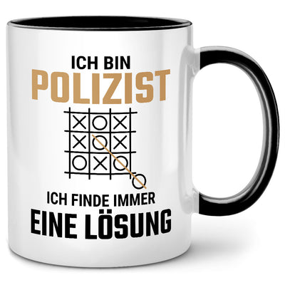 Ich bin Polizist. Ich finde immer eine Lösung. Lustige Tasse mit Spruch als Geschenk für Polizist, Schwarze Tasse