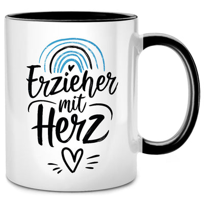 Erzieher mit Herz - Tasse mit Spruch als Abschiedsgeschenk oder Geschenk für Erzieher, Schwarze Tasse