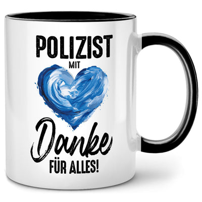 Polizist mit Herz, Danke für Alles - lustige Tasse mit Spruch als Geschenk für Polizist, Schwarze Tasse