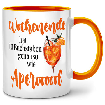 Wochenende hat 10 Buchstaben, genauso wie Aperol: Lustige Tasse mit Spruch als Aperol Geschenk und Abschiedsgeschenk für die Kollegin, Orangene Tasse