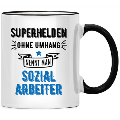 Superhelden ohne Umhang nennt man Sozialarbeiter, lustige Tasse mit Spruch als Geschenk für Sozialarbeiter und Sozialarbeiterin