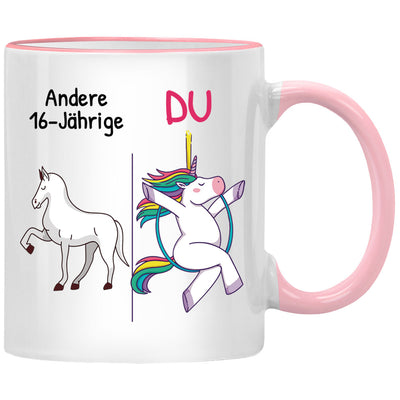 Andere 16-Jährige, Du - Lustige Einhorn Tasse mit Spruch als Geburtstagsgeschenk und Geschenk zum 16. Geburtstag