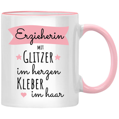 Erzieherin mit Glitzer im Herzen und Kleber im Haar, lustige Tasse mit Spruch als Erzieherin Geschenk oder als Abschiedsgeschenk für Erzieherinnen