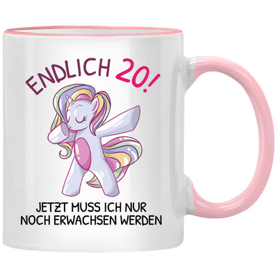 Endlich 20, jetzt muss ich nur noch erwachsen werden. Lustige Einhorn Tasse mit Spruch als Geschenk zum 20. Geburtstag, Pinke Tasse