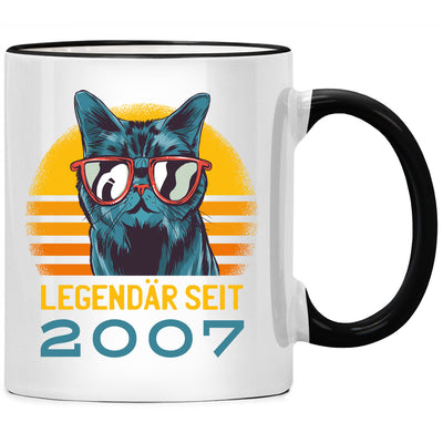 Legendär seit 2007. Lustige Tasse mit Spruch und Katze als Geschenk zum 16. Geburtstag, Schwarze Tasse